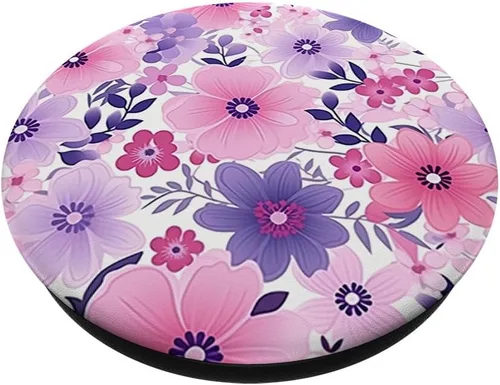 Vista 2 de PopSockets de jardín con diseño de flores rosadas y moradas, color verde azulado y azul