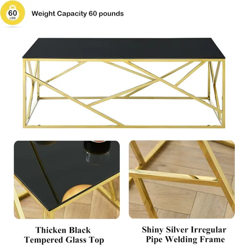 Vista 5 de SSLine Mesa de centro de cristal negro con patas de acero inoxidable doradas, mesa de centro rectangular de lujo para sala de estar, moderna