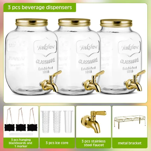 Vista 2 de Lallisa 3 dispensadores de bebidas de 2.5 galones para fiestas, dispensador de agua de bebidas de vidrio con soporte, de acero inoxidable, a prueba