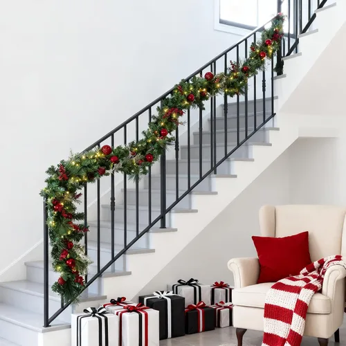 Vista 6 de Guirnalda de Navidad preiluminada de 9 pies con luces, guirnalda de Navidad para mesa, chimenea, escalera, manto de pared, decoración de interiores