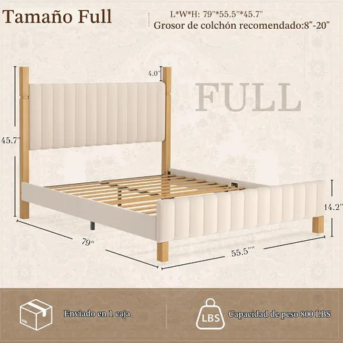 Vista 2 de Yechen Marco de cama de madera de tamaño matrimonial con cabecero, postes de madera maciza y plataforma de pies, no necesita somier, lino beige