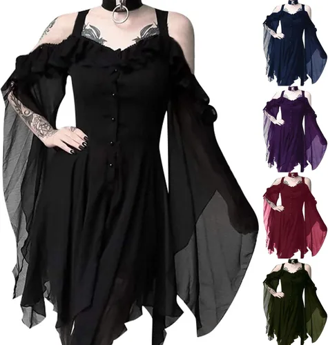 Vista 5 de FRMUIC Vestido gótico renacentista para mujer, disfraz de bruja de talla 01-negro Vestido Vintage
