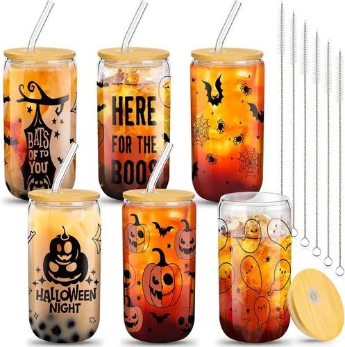 Vista 8 de meekoo 6 tazas de vidrio de Halloween de 16 onzas, tazas de café helado, calabazas, murciélagos, fantasmas, vasos de cerveza con tapas y pajitas