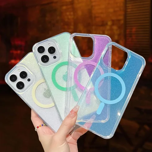 Vista 6 de Funda brillante para iPhone 14 para iPhone 13, funda magnética transparente de lujo brillante para iPhone 14/iPhone 13 para niñas y mujeres, funda