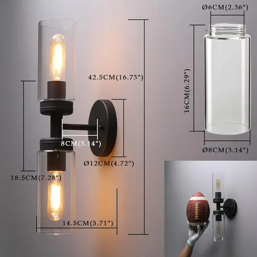 Vista 9 de Phansthy Lámpara de pared industrial rústica con pantalla tubular de vidrio transparente (aplique de 2 luces)