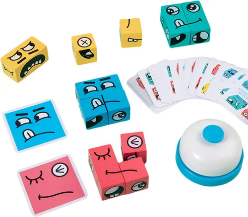 Vista 6 de Cubo mágico de madera que cambia la cara, bloques de construcción, juego de rompecabezas de expresión a juego, juegos de mesa para noche familiar