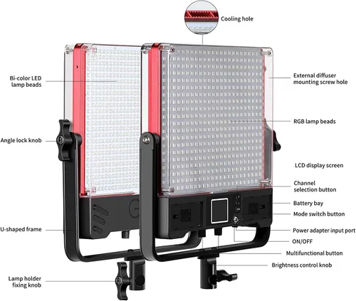 Vista 6 de GVM - Luz de video LED de 50 W con softboxes, RGB+bicolor de doble cara, cada lado 50 W, kit de iluminación de video con control Bluetooth, luces
