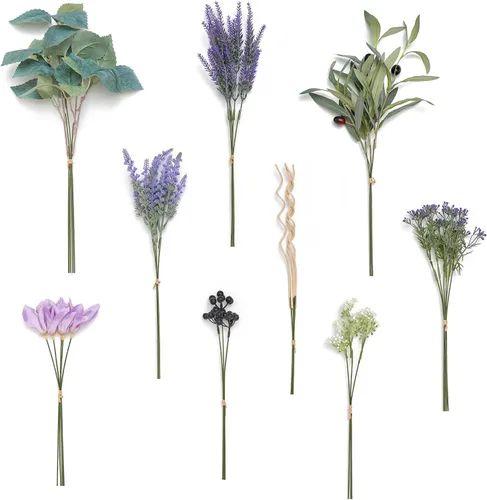 Vista 13 de Ling's moment - Juego de tallos de vegetación artificial verde, 36 piezas con 8 tipos de flores artificiales para ramos de novia de bricolaje Negro