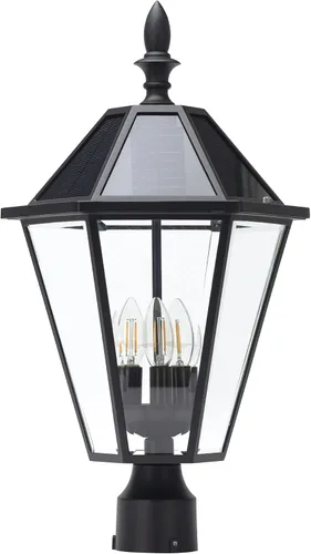 Vista 8 de LUTEC Luz de poste LED solar al aire libre, luces de calle vintage del atardecer al amanecer, 300 lm, 2700 K, luces de poste solar de aluminio Blanco