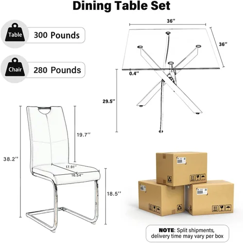 Vista 2 de 36-Inch Square Glass Dining Table Set with 4 Faux Leather High-Back Chairs - Modern Metal Cross-Leg Table with Comfortable C-Leg Seats for Modern