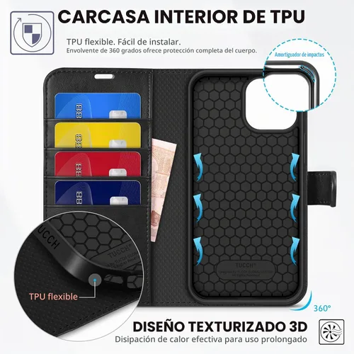 Vista 5 de TUCCH Funda tipo cartera para iPhone 13 Pro Max (6.7") 2021, 4 tarjeteros Negro