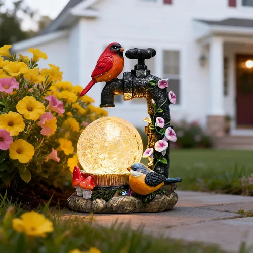 Vista 3 de TERESA'S COLLECTIONS Decoración de Jardín, Decoración de Jardín con Cardenal, Linda Figura de Cardenal y Grifo con Luz Solar en Bola de Vidrio