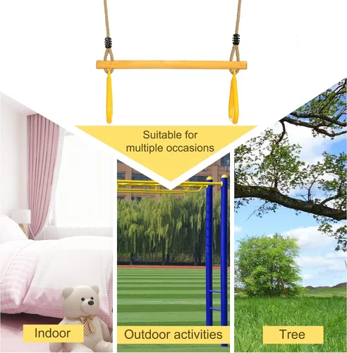 Vista 9 de Trapecio de madera con anillos de gimnasio de plástico, barra de columpio de trapecio con cuerda ajustable para patio de recreo interior, juego