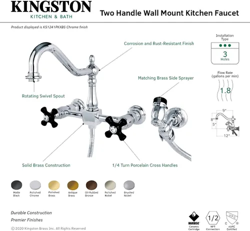 Vista 5 de Kingston Brass KS1245PKXBS Grifo de cocina con puente de montaje en pared de duquesa con spray de latón, bronce aceitado