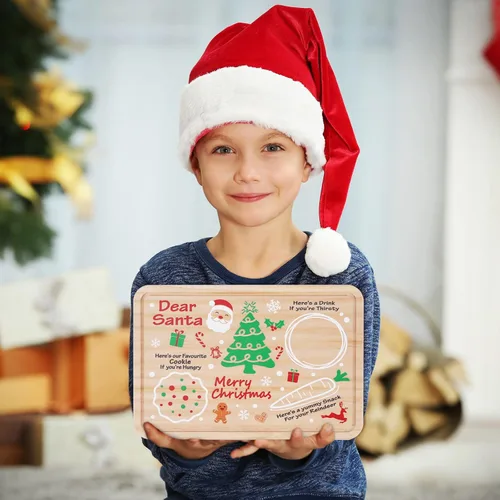 Vista 6 de AnyDesign Plato de madera de Papá Noel – Bandeja rectangular para leche y galletas de Nochebuena para suministros de decoración de Navidad