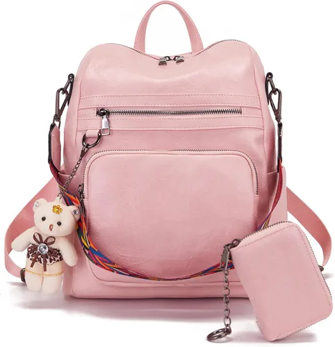 Vista 10 de Qiyuer Mochila de piel sintética para mujer, bolso de hombro convertible de viaje para mujer, color negro