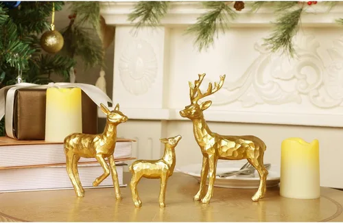 Vista 8 de Lulu Home 3 piezas de decoraciones de mesa navideñas, estatuillas familiares de renos dorados de resina con diversas posturas, adornos para centros