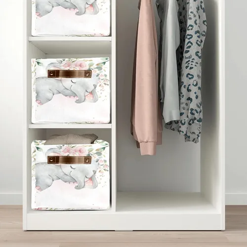 Vista 5 de Cesta de almacenamiento personalizada con diseño de elefante y flores rosas con nombre, caja de almacenamiento grande con asas para el hogar