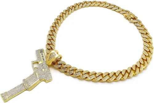 Vista 5 de Pyramid Jeweler Colgante de pistola de oro o plata para hombre Hip Hop y cadena de gargantilla cubana de Miami de 0.472in, Metal, Circonia cúbica