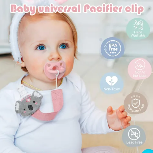 Vista 2 de TYRY.HU Clip para chupete para niñas bebés, paquete de 2 clips neutros para sujetar chupetes para niños, correas suaves, clips de peluche para todos