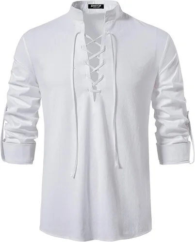 Vista 80 de JEMITOP Men's Pure Cotton Renaissance Lace Up Shirt Verde militar