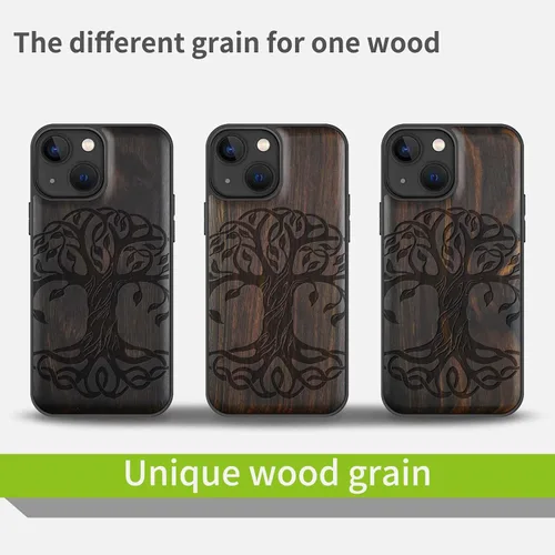 Vista 5 de Carveit Funda magnética de madera para iPhone 13 Mini, madera real dura y TPU suave, funda protectora híbrida de madera única y elegante a prueba