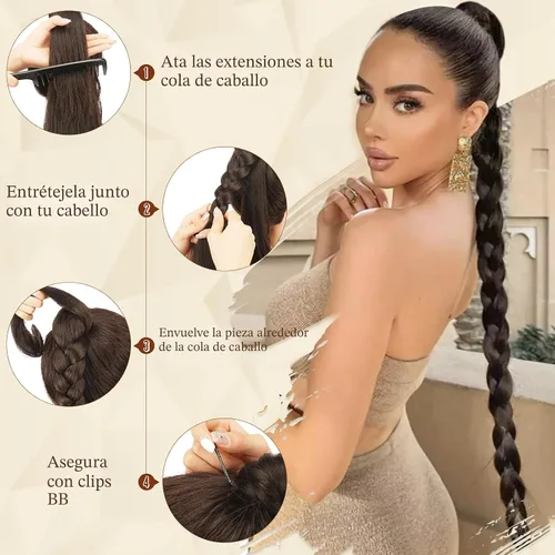 Vista 4 de SOFEIYAN Extensión de cola de caballo trenzada larga con banda elástica y mechón liso envolvente, extensiones de cabello naturales suaves