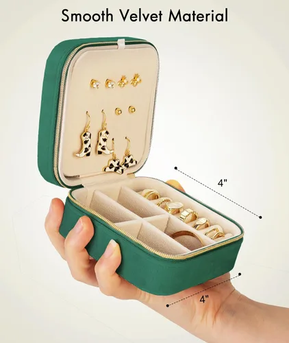 Vista 3 de Quatish Joyero de viaje, organizador de viaje de joyería, caja de joyería pequeña portátil para mujeres, mini estuche de joyería de terciopelo