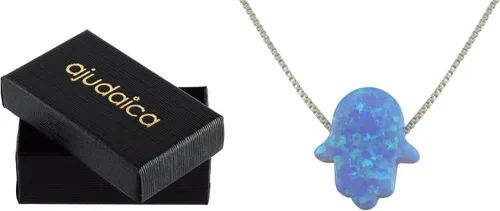 Vista 3 de aJudaica, collar con colgante diseño de mano Hamsa con ópalo celeste, con cadena de plata esterlina