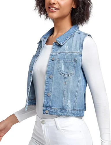 Vista 8 de Xeoxarel Chaleco de mezclilla para mujer, chaqueta de mezclilla sin mangas (XS-XXL)