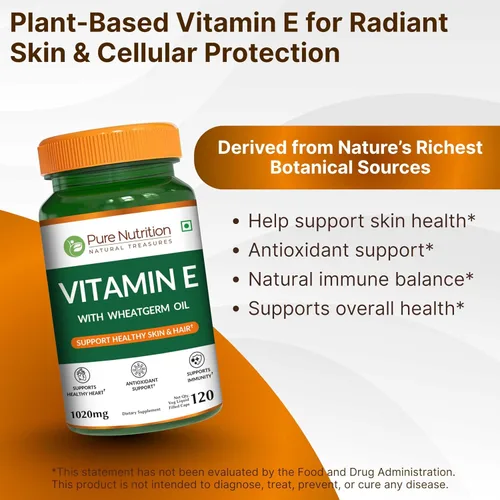 Vista 4 de Pure Nutrition Vitamina E con aceite de germen de trigo, 1020 mg 120 cápsulas Fuente natural de vitamina E Suplemento para el cabello