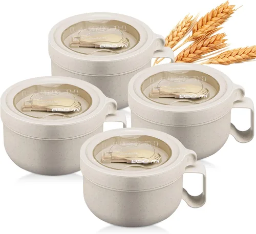 Vista 8 de Maxdot 4 piezas de tazón para microondas de ramen, tazones de sopa instantánea aptos para microondas con tapas, tazones grandes de sopa con asas