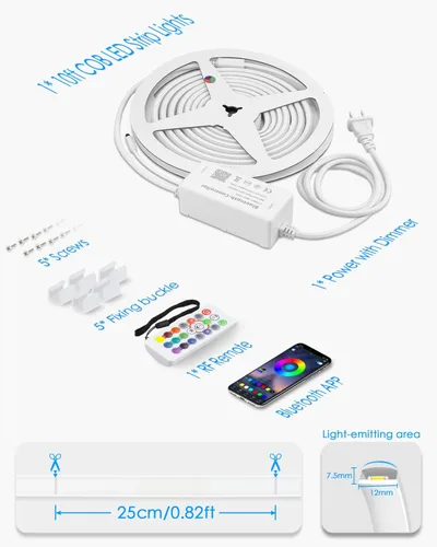 Vista 7 de 110V Tira de luz LED RGB COB Bluetooth de 10 pies, tira de luces LED multicolor ajustable flexible con control remoto, sincronización de música