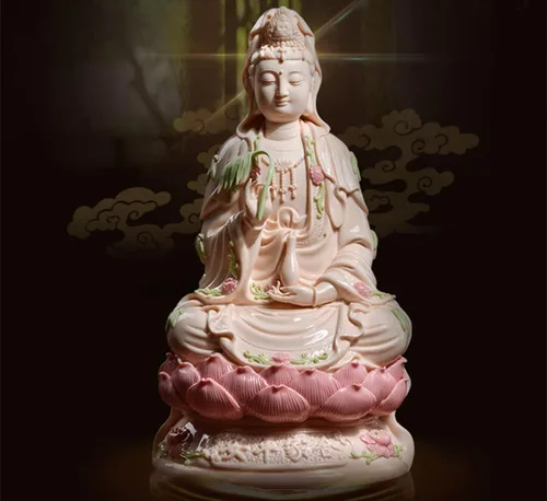 Vista 3 de Estatua de Guan Yin en Lotus – Estatua budista rosa de Kuanyin/Budismo – Los mejores regalos chinos de Feng Shui (11 pulgadas)