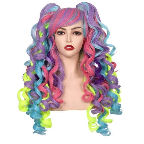 Vista 12 de ColorGround Peluca larga y rizada para cosplay con 2 colas de caballo (azul celeste)