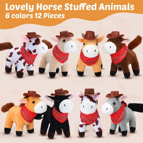 Vista 3 de 42 piezas Adopta un caballo de fiesta para niños, 12 mini caballos de peluche con pequeños sombreros de vaquero y 12 bandanas, manualidades para mi