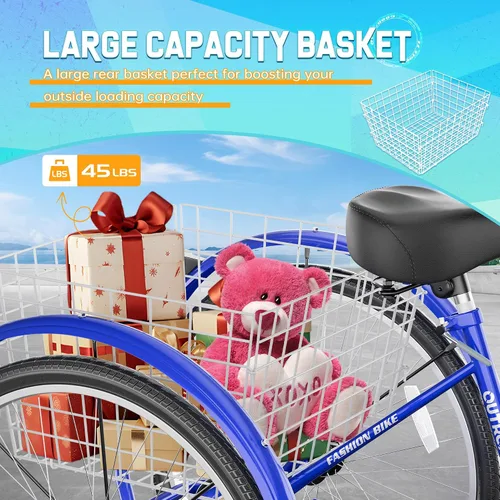 Vista 5 de Outroad - Triciclo Comfort de 24/26 pulgadas, triciclo de crucero de 1 velocidad, bicicletas de 3 ruedas con cesta grande para personas mayores