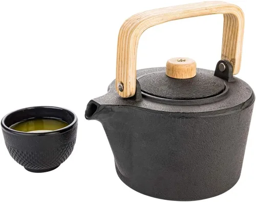 Vista 4 de Restaurantware -Tetera japonesa de 30 onzas, 1 hervidor de té japonés recubierto de esmalte - Con mango y perilla de madera, incluye colador