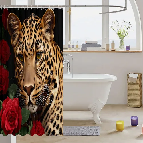 Vista 3 de Cortina de ducha con estampado de leopardo y gato con rosas rojas, 72 pulgadas de ancho x 72 pulgadas de largo, juego de cortina de ducha con flores