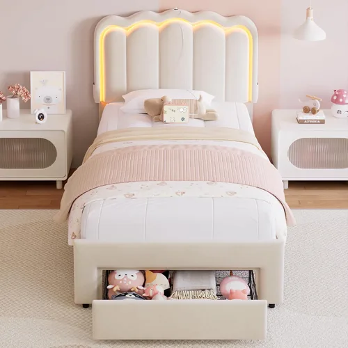 Vista 3 de Marco de cama LED tapizado individual con cajón de almacenamiento y cabecera doble ondulada ajustable, cama de plataforma de terciopelo