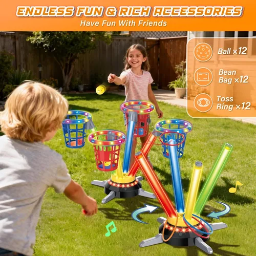 Vista 4 de VATOS Juego 3 en 1 de Sacos de Frijoles y Lanzamiento de Anillos, Salto Musical para Niños, Base Giratoria Eléctrica con Control Remoto, Luces, 12