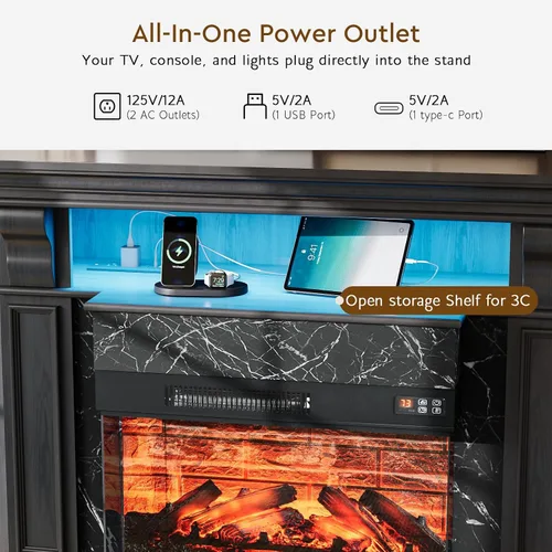 Vista 3 de LGHM Soporte de TV con chimenea eléctrica LED con tomacorriente, mantel de chimenea de 72 pulgadas para televisores de hasta 80 pulgadas, moderno