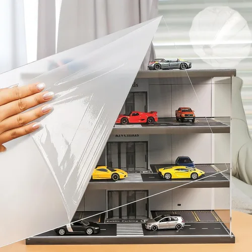 Vista 4 de Vitrina para Hot Wheels 1:64 Toy Car Garage con luces LED Diorama de garaje de 4 niveles para estacionamiento independiente, almacenamiento de polvo
