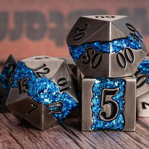 Vista 6 de Dados poliédricos DND de metal, juego de dados metálicos con purpurina a rayas grandes, juego de 7 dados plateados antiguos para juegos de rol