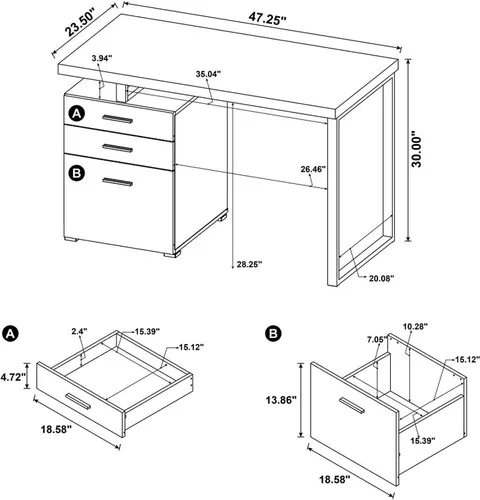 Vista 3 de CARTESIAN Vertex - Escritorio reversible para computadora de oficina de 47 pulgadas con 3 cajones, acabado capuchino, marco de metal plateado