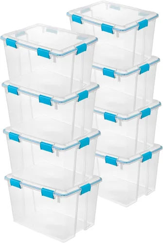 Vista 31 de Sterilite 19414306 - Caja de almacenamiento de plástico transparente de 7.5 cuartos y tapa con pestillos azules