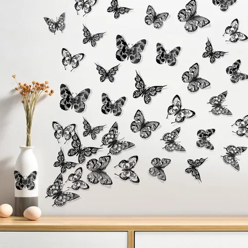 Vista 6 de Amaonm - Decoración de pared de mariposa 3D, 60 unidades, 5 estilos, 3 tamaños, mariposas, removibles, para bricolaje, huecas, de PVC, para niños