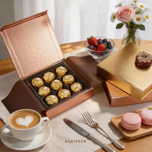 Vista 2 de BAKIPACK Juego de 6 cajas de regalo de trufa de oro rosa con bandeja de plástico de 9 piezas, cierre magnético, 5.7 x 5.7 x 1.3 pulgadas