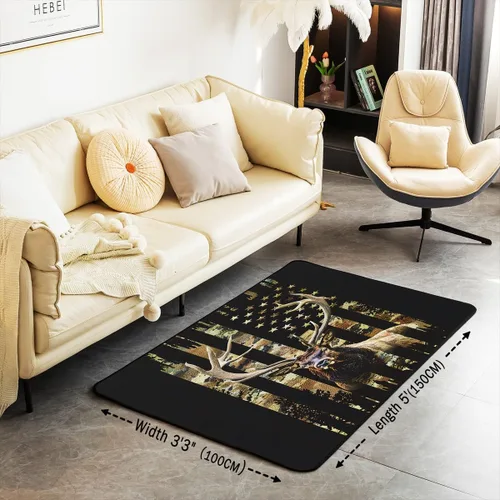 Vista 3 de Alfombra decorativa con bandera americana, para sala de estar, para niños, niñas, ciervos, caza, cuernos, animales salvajes, interiores, 3 x 5 pies