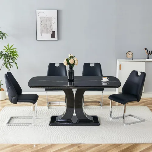 Vista 8 de Juego de mesa de comedor moderno para 4, juego de sillas de mesa de cocina de mármol sintético, mesa rectangular de MDF de 63 pulgadas, sillas Negro